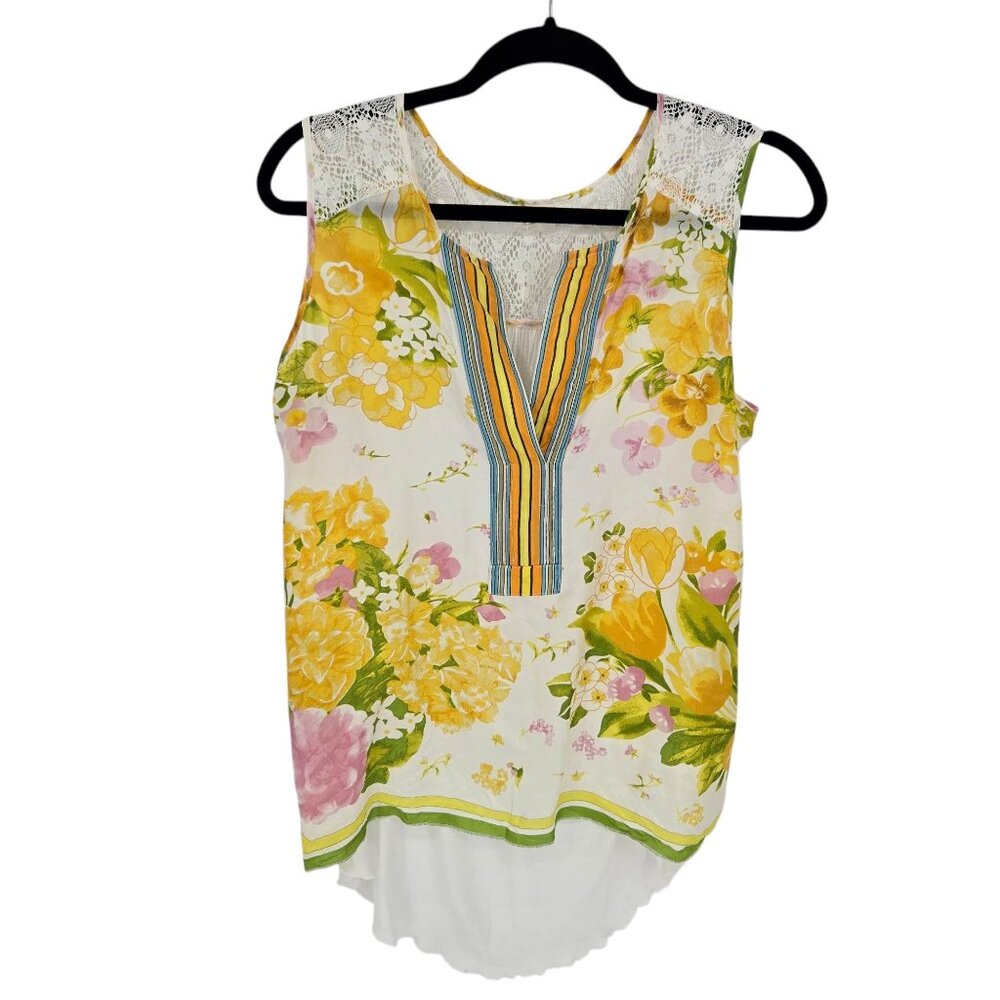 Tiny womens sz XS yellow floral stripe silk blend v neck lacy sleeveless blouse